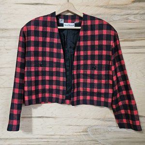 Anne Klein II Vintage 80s Womens Large Buffalo Plaid Cropped Linen Blazer